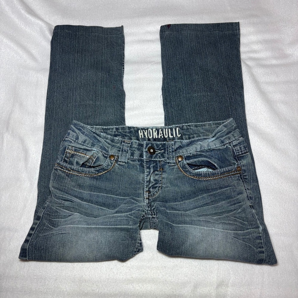 Hydraulic Y2K Low Rise Straight Leg Jeans Medium Wash Embroidered Pockets 8P